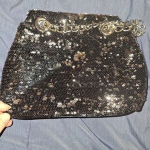 Fiona Lang Small Black Sequin Purse Celebration Party Chain Bag
